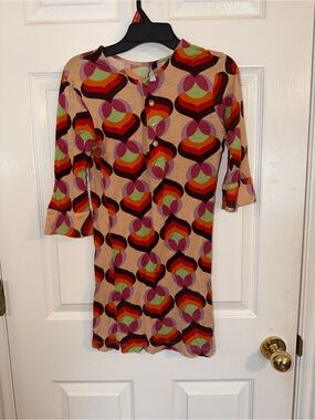 T-Bags Retro Geometric Long Sleeve Dress in Peach, Red, Green, Pink